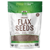 NOW Foods Organic Flax Seeds packaging on shelf, fiber and essential fatty acids.