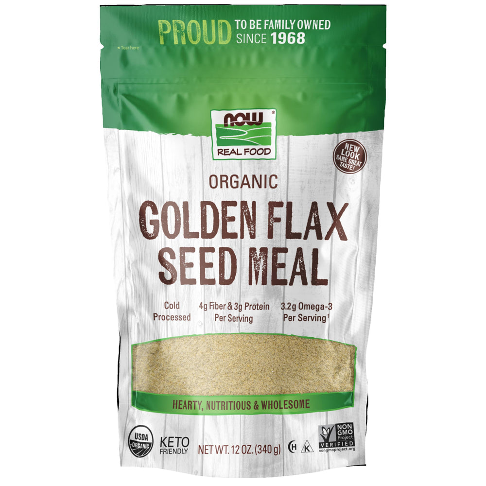 NOW Foods Organic Golden Flax Seed Meal packaging shown for baking and fiber.