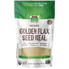 NOW Foods Organic Golden Flax Seed Meal packaging shown for baking and fiber.