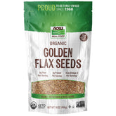 NOW Foods Organic Golden Flax Seeds in a bowl, fiber-rich and fatty-acid rich.