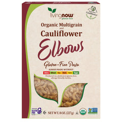 NOW Foods organic multigrain cauliflower rotini pasta on box, gluten-free convenience for family meals.