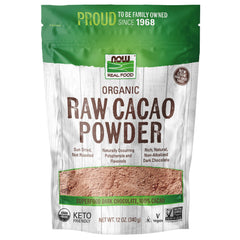 NOW Foods Organic Raw Cacao Powder sun-dried Peruvian beans for rich flavor and nutrient retention.