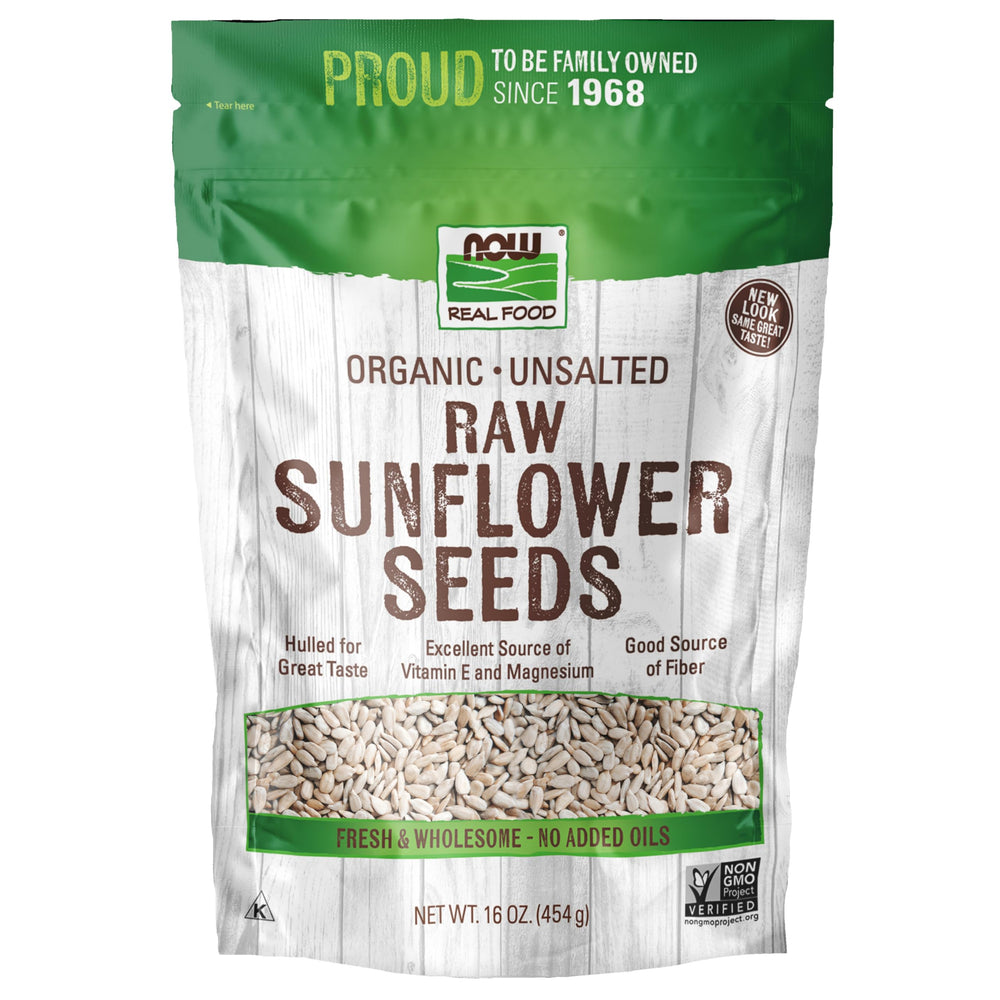 NOW Foods sunflower seeds packaging, organic and non-GMO for healthy snacking.