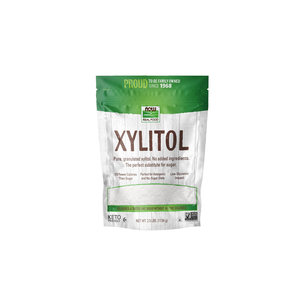 NOW Foods Xylitol pure bottle front shows additive-free sweetness for everyday use.