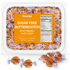 NOWDIET sugar-free butterscotch candy in resealable container for on‑the‑go freshness