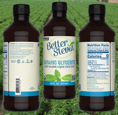 NOW Foods BetterStevia Liquid being poured into tea for natural sweetness.