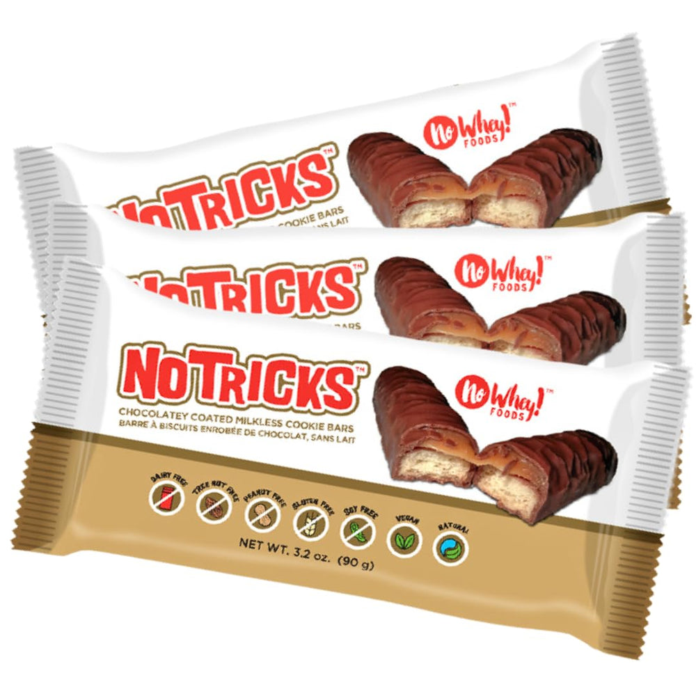 No Whey! No Tricks caramel cookie bars 3-pack packshot showing dairy free and gluten free appeal