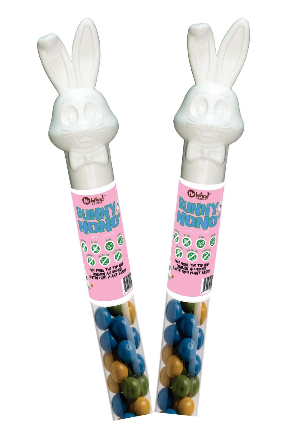 Nowhey vegan bunny-topped tubes for dairy-free Easter joy.