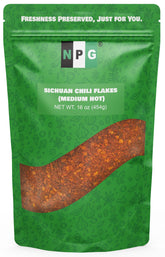 NPG Authentic Sichuan Chili Flakes bottle highlights bright color for bold stir-fries.