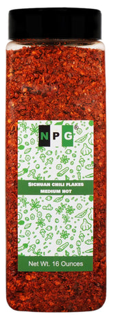 NPG Authentic Sichuan Chili Flakes bottle shows vibrant color for bold cooking