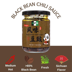 NPG black bean chili sauce being poured for quick flavor boost.