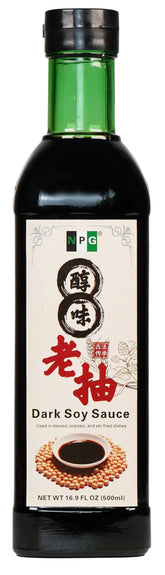 NPG Premium Dark Soy Sauce bottle in glass preserves rich flavor for cooking.