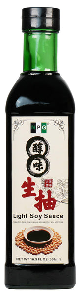 NPG Premium Light Soy Sauce bottle pour highlights balanced umami for sushi and noodles.