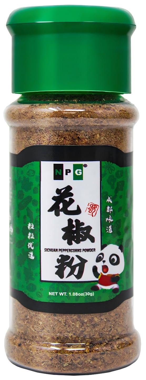 NPG Premium Szechuan red peppercorn powder in a jar for authentic aroma.