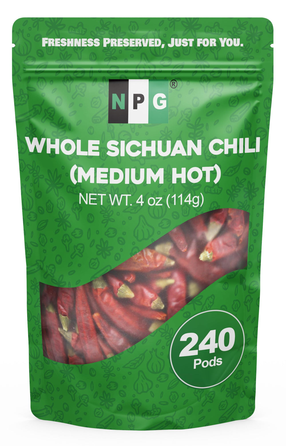 NPG Sichuan red chili peppers in a resealable bag for fresh, versatile flavor.