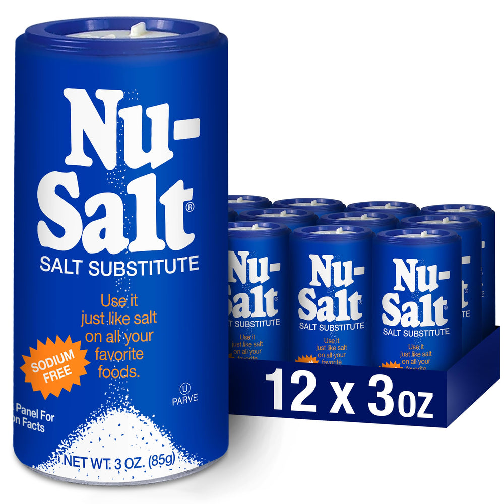 NU-SALT bottle shows sodium-free salt substitute ready to season meals.