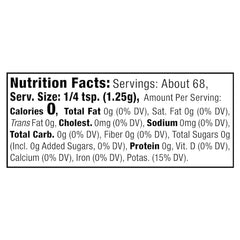 NU-SALT shaker closeup highlights potassium chloride base for seasoning without sodium.