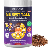 NuBest Tall Protein Powder for Kids chocolate tub with probiotic formula supports digestion.