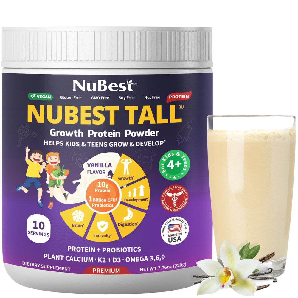 NuBest Tall Vanilla tub front for kids' daily nutrition with probiotics.