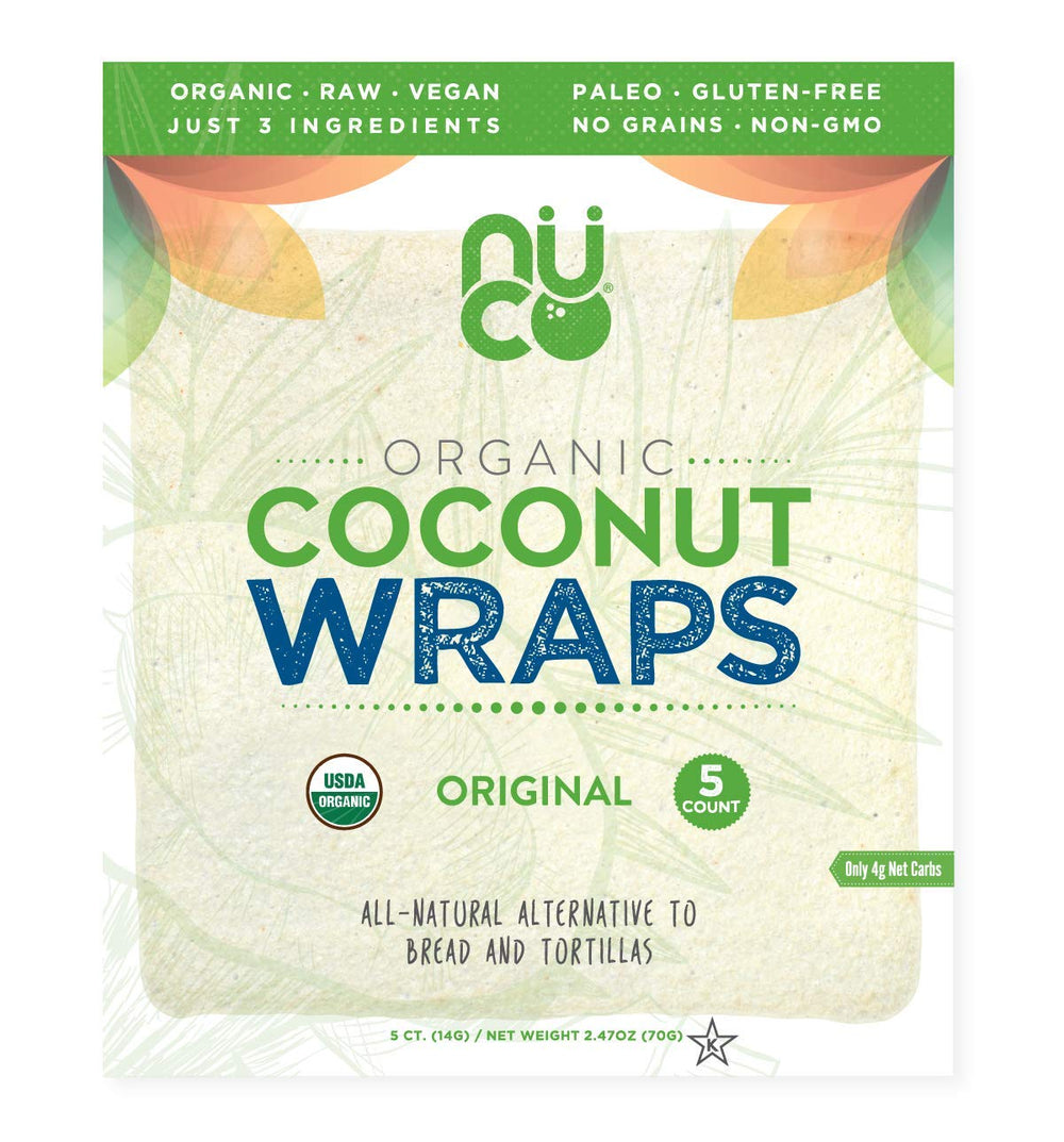 NUCO coconut wraps package with five wraps, Paleo-friendly option.