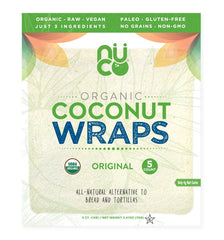 NUCO coconut wraps package with five wraps, Paleo-friendly option.