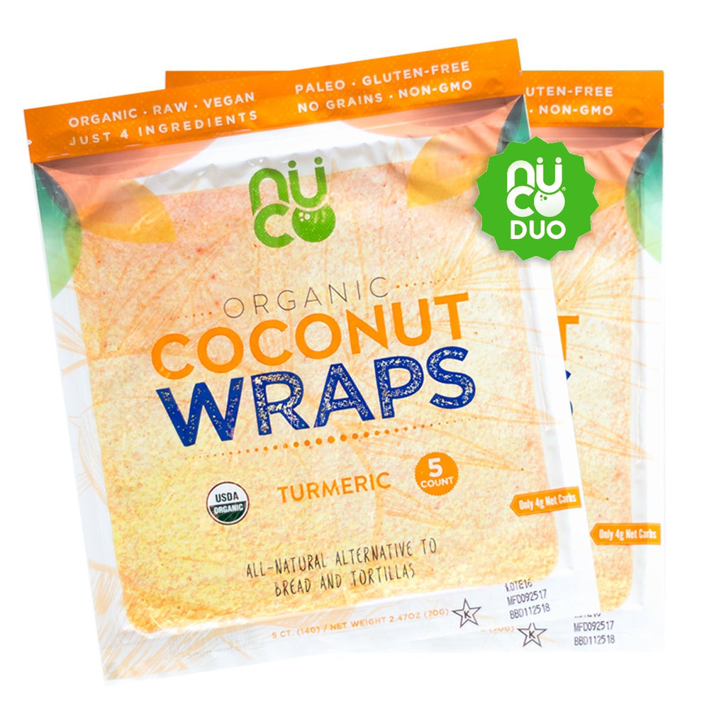 NUCO turmeric coconut wrap bag close-up, shelf-stable and ready for quick meals.