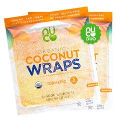 NUCO turmeric coconut wrap bag close-up, shelf-stable and ready for quick meals.
