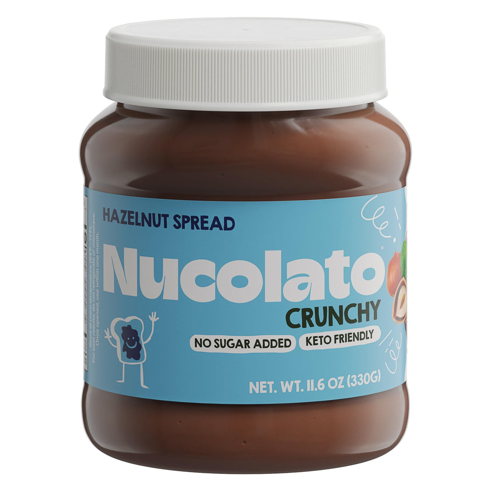 Nucolato crunchy hazelnut spread jar close-up, keto-friendly snack