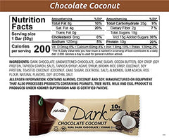 NuGo Dark Chocolate Coconut bar bite showcases rich coconut and cocoa flavor.