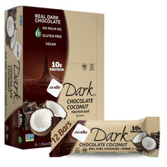 NuGo Dark Chocolate Coconut bar packaging highlights a vegan, gluten-free snack option.
