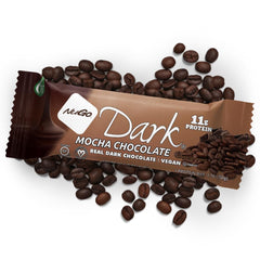 NuGo Dark Mocha with coffee beans in frame, ideal energy-friendly snack.
