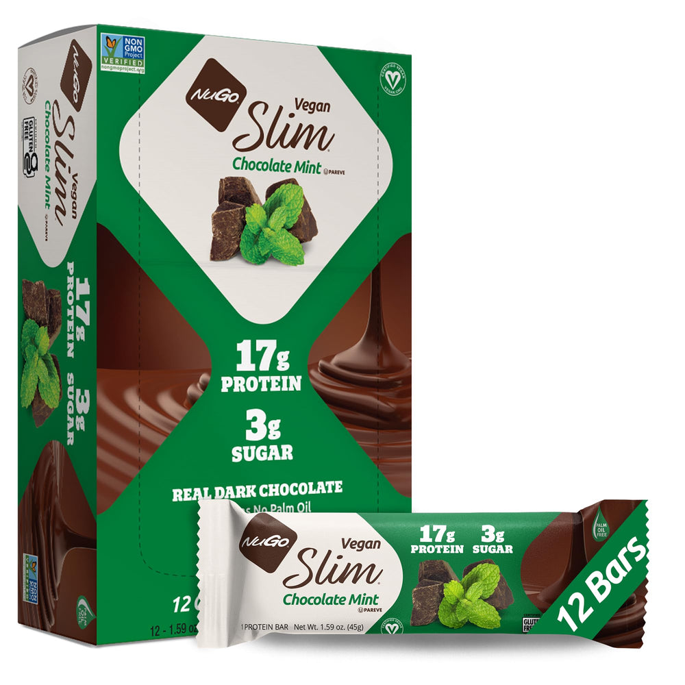 NuGo Slim Dark Chocolate Mint bar ready for a protein boost after a workout