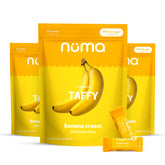 Numa Banana Taffy Candy bag on shelf, a convenient gym snack option.
