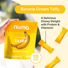 Numa Banana Taffy individually wrapped chews for travel.