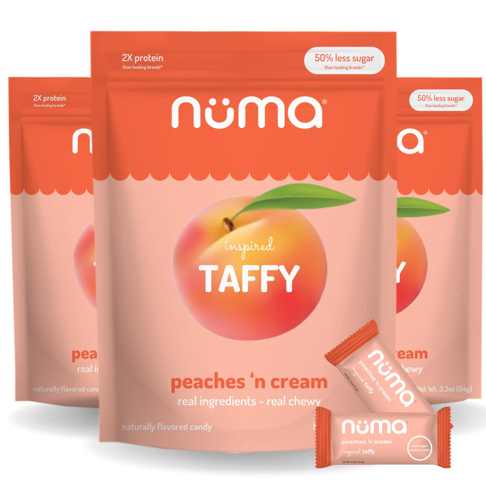 Numa Peaches 'n Cream taffy packaging highlights gluten-free, all-natural peach flavor for on-the-go snacking.