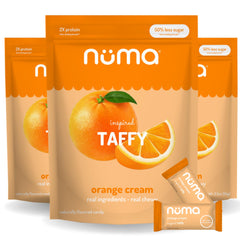 Numa Taffy Orange Cream wrapper close-up, showcasing real ingredients and natural flavor