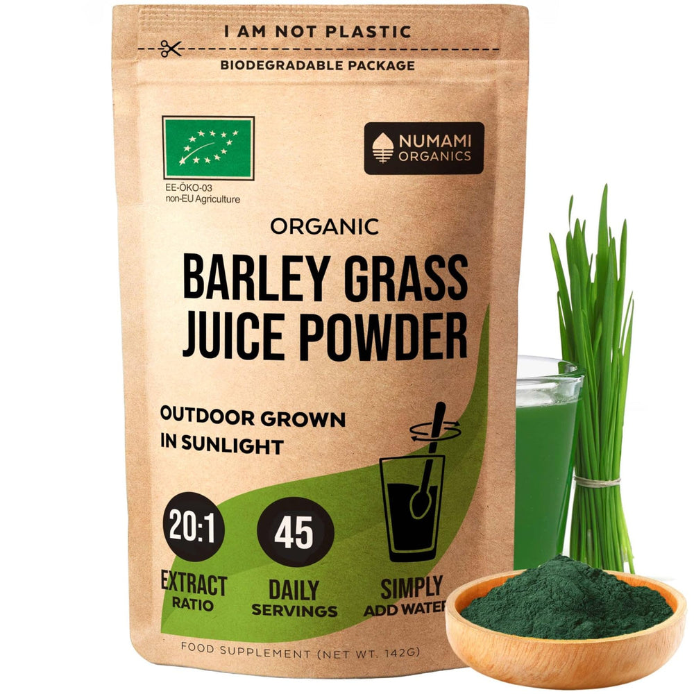 Numami Barley Grass Juice Powder bottle pour for a smoothie boost.