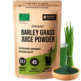 Numami Barley Grass Juice Powder bottle pour for a smoothie boost.