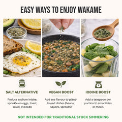 Numami Wakame flakes in a bowl, perfect for quick topping on salads.