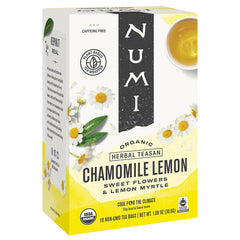 Numi Chamomile Lemon Tea pack shot, showcasing an organic blend ideal for a calming evening