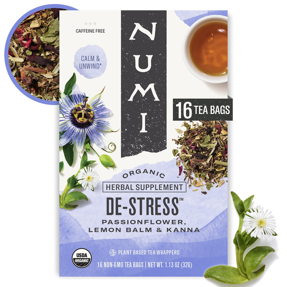 Numi De-Stress tea bags in packaging, caffeine-free blend for a calming ritual.