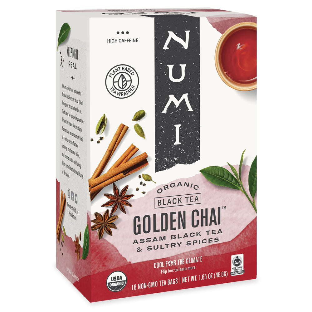 Numi Golden Chai tea bags steeping in hot water for a rich cup