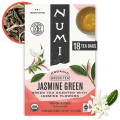 Numi Green Tea Jasmine tea bag closeup highlighting fragrant aroma for a calm morning