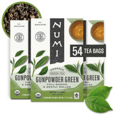 Numi Gunpowder Green Tea box shows 54 bags for convenient daily brewing.