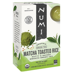 Numi Matcha Toasted Rice Green Tea bags offer calm energy and a smooth toasted flavor for daily rituals.