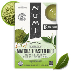 Numi Matcha Toasted Rice Tea packaging shows microplastic-free bags for a sustainable brew