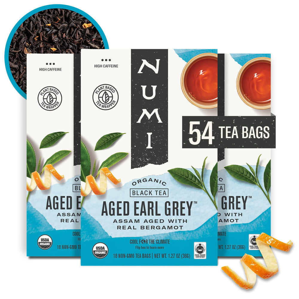 Numi Organic Aged Earl Grey tea bags ready for brewing with bergamot notes and refined aroma