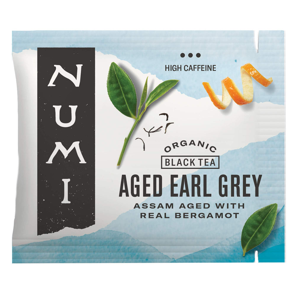 Numi Organic Aged Earl Grey packaging highlighting sustainable design.