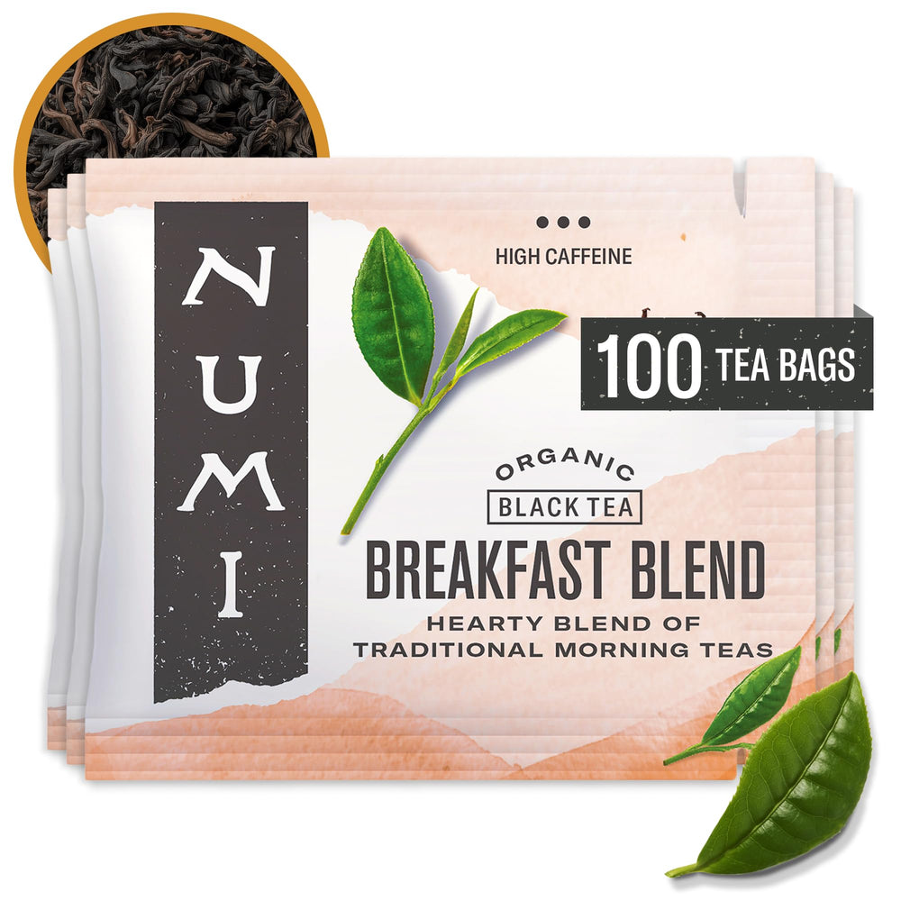 Numi Organic Breakfast Blend tea box front, premium organic blend for bold mornings.