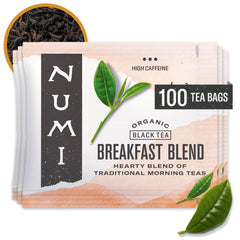 Numi Organic Breakfast Blend tea box front, premium organic blend for bold mornings.